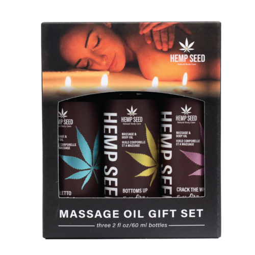 MASGV225 HempSeed MassageOilGiftSet CrackTheWhip BottomsUp Stiletto 2oz Front - Surprise Parties