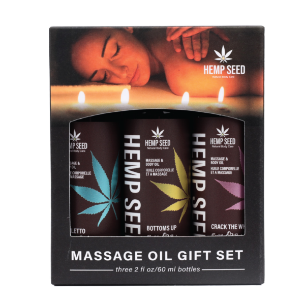 MASGV225 HempSeed MassageOilGiftSet CrackTheWhip BottomsUp Stiletto 2oz Front - Surprise Parties