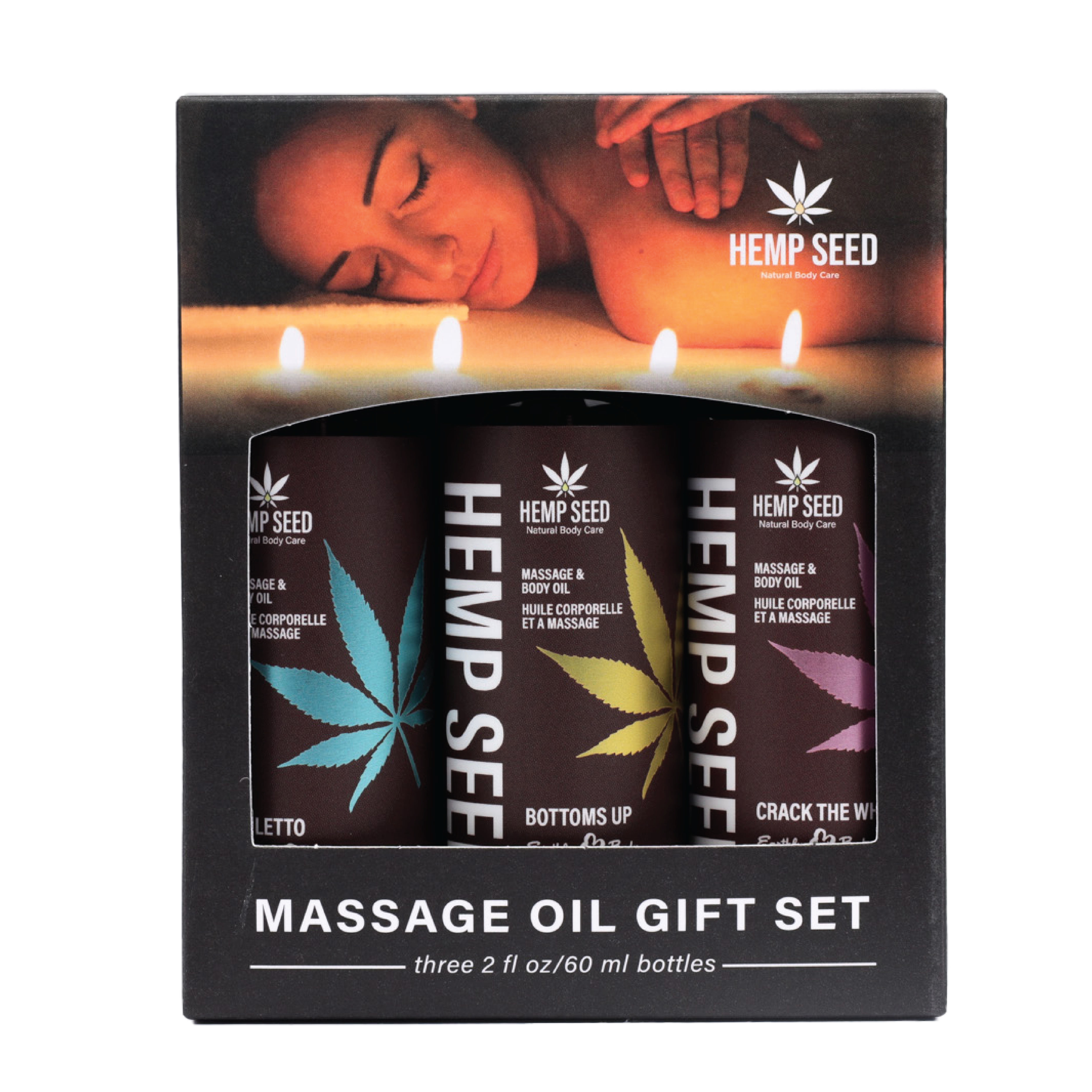 MASGV225 HempSeed MassageOilGiftSet CrackTheWhip BottomsUp Stiletto 2oz Front - Surprise Parties